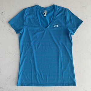 Under Armour Activewear SS V Neck Loose Fit Striped Polyester Shirt Blue Sz S